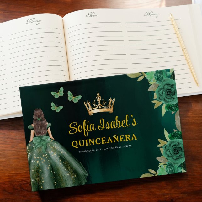 Floral Emerald Green Dress Birthday Quinceanera Guest Book (Creator Uploaded)
