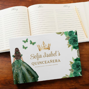 Floral Emerald Green Dress Birthday Quinceanera Guest Book