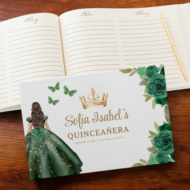 Floral Emerald Green Dress Birthday Quinceanera Guest Book (Creator Uploaded)