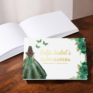 Floral Emerald Green Dress Birthday Quinceanera Guest Book