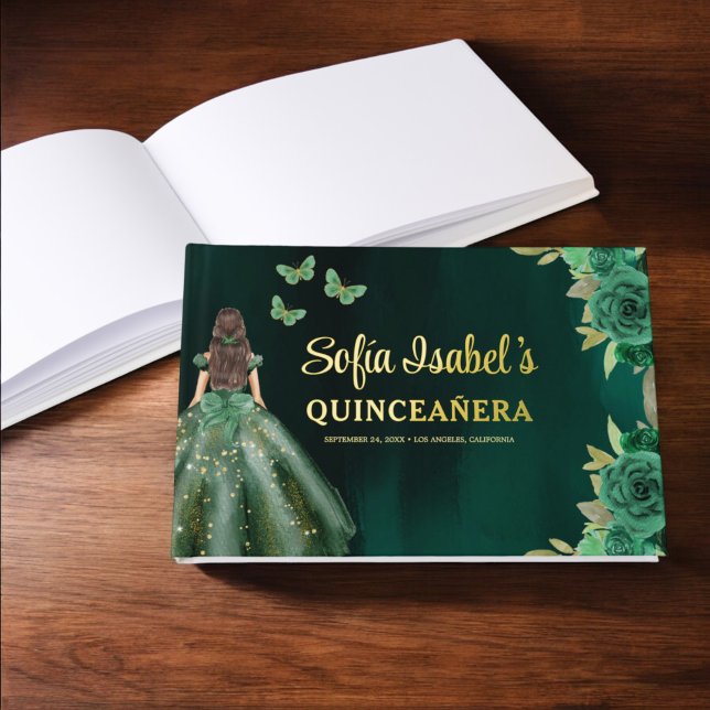 Floral Emerald Green Dress Birthday Quinceanera Guest Book (Creator Uploaded)