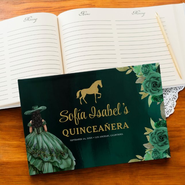 Floral Emerald Green Dress Birthday Quinceanera Guest Book (Creator Uploaded)