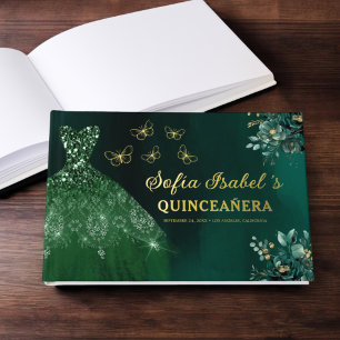 Floral Emerald Green Dress Birthday Quinceanera Guest Book