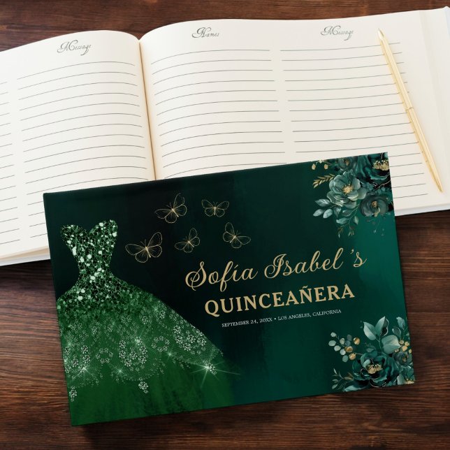 Floral Emerald Green Dress Birthday Quinceanera Guest Book (Creator Uploaded)