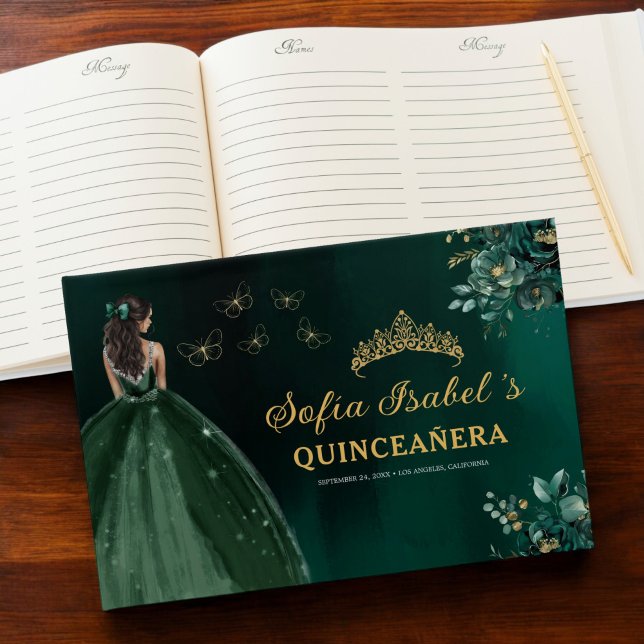 Floral Emerald Green Dress Birthday Quinceanera Guest Book (Creator Uploaded)