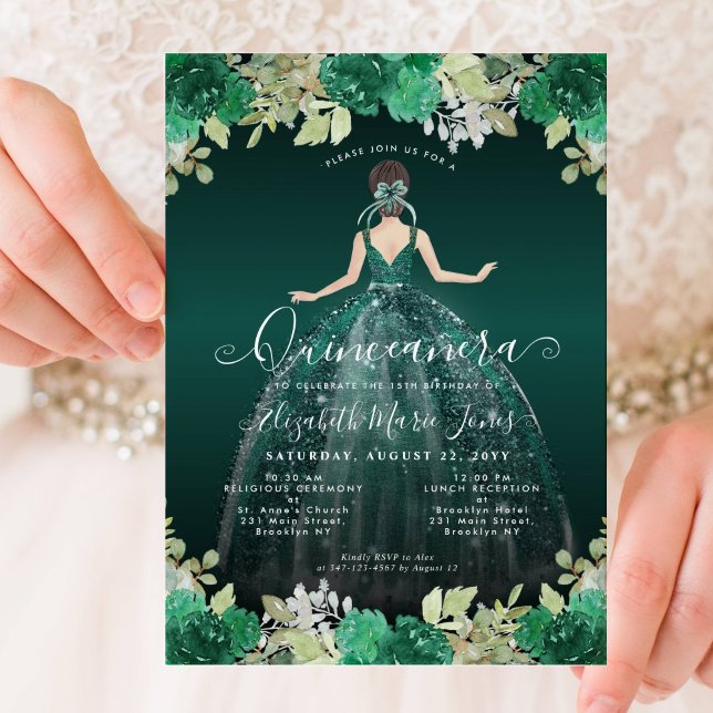 Floral Emerald Green Dress Birthday Quinceanera Invitation (Creator Uploaded)