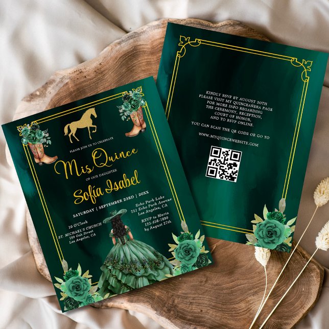 Floral Emerald Green Gold Boots Horse Quinceanera Flyer (Creator Uploaded)