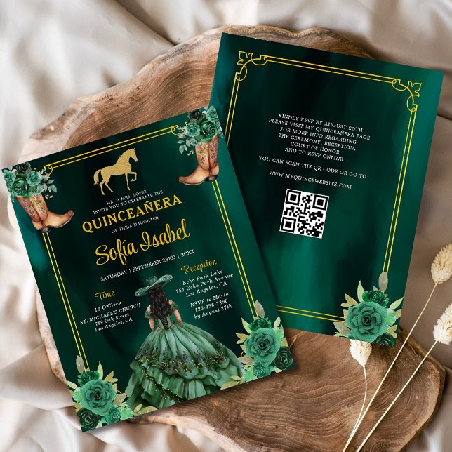 Floral Emerald Green Gold Boots Horse Quinceanera Flyer (Creator Uploaded)