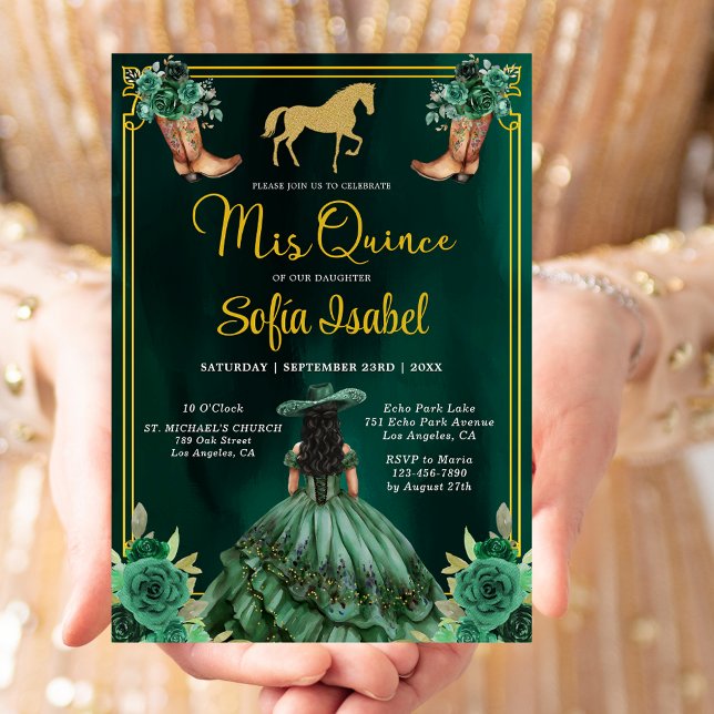 Floral Emerald Green Gold Boots Horse Quinceanera Invitation (Creator Uploaded)