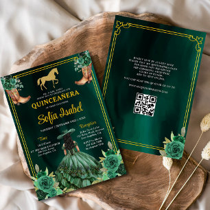 Floral Emerald Green Gold Boots Horse Quinceanera Invitation