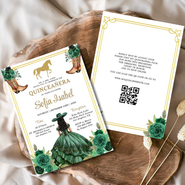Floral Emerald Green Gold Boots Horse Quinceanera Invitation (Creator Uploaded)