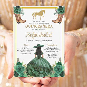 Floral Emerald Green Gold Boots Horse Quinceanera Invitation