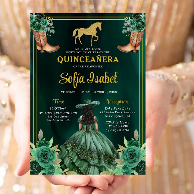 Floral Emerald Green Gold Boots Horse Quinceanera Invitation (Creator Uploaded)
