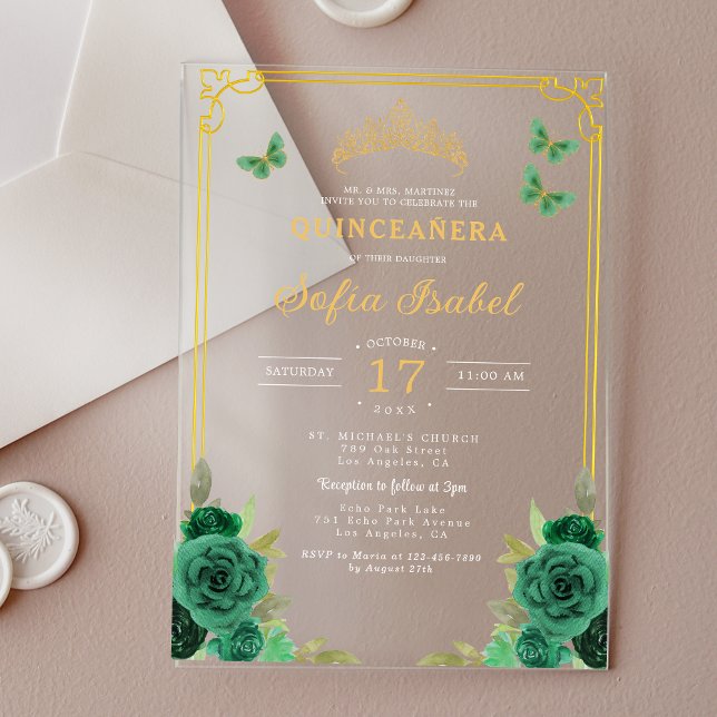 Floral Emerald Green Gold Butterfly Quinceanera Acrylic Invitations (Creator Uploaded)