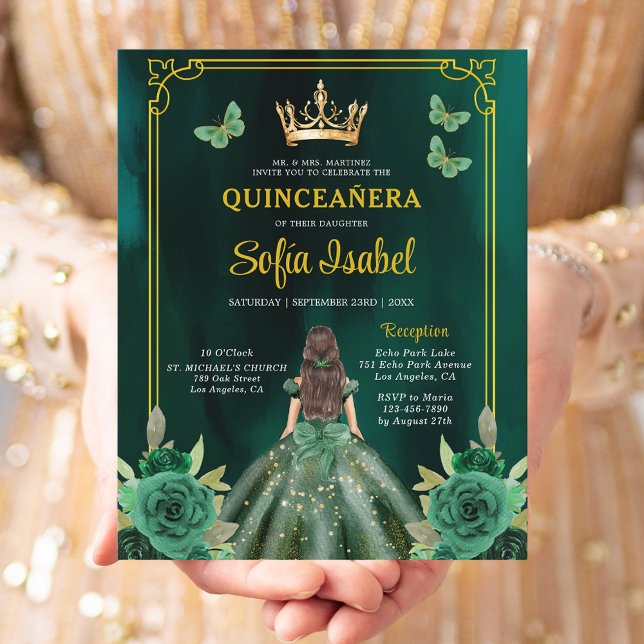 Floral Emerald Green Gold Butterfly Quinceanera Flyer (Creator Uploaded)