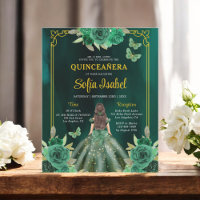 Floral Emerald Green Gold Butterfly Quinceanera