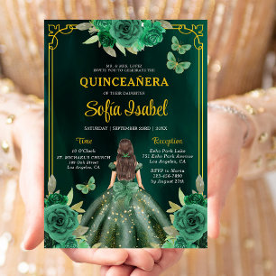 Floral Emerald Green Gold Butterfly Quinceanera Invitation