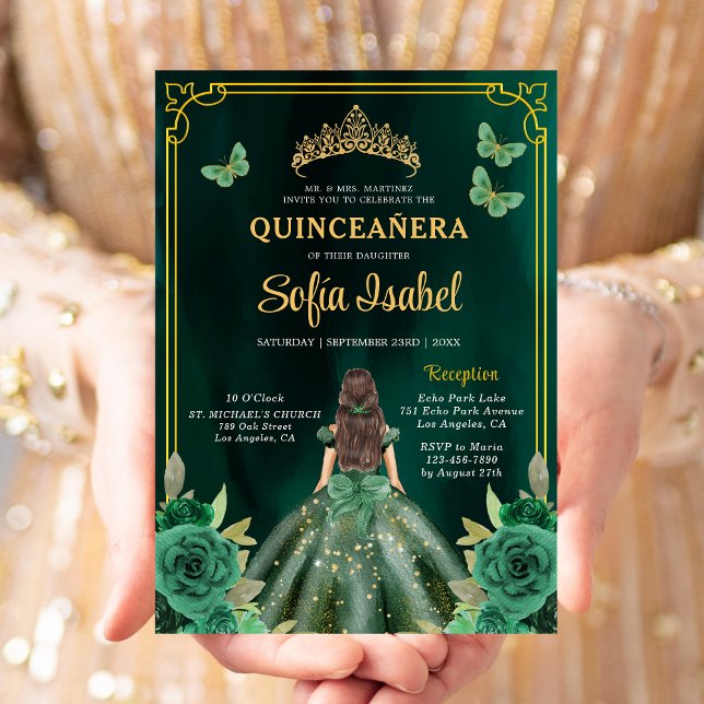 Floral Emerald Green Gold Butterfly Quinceanera Invitation (Creator Uploaded)