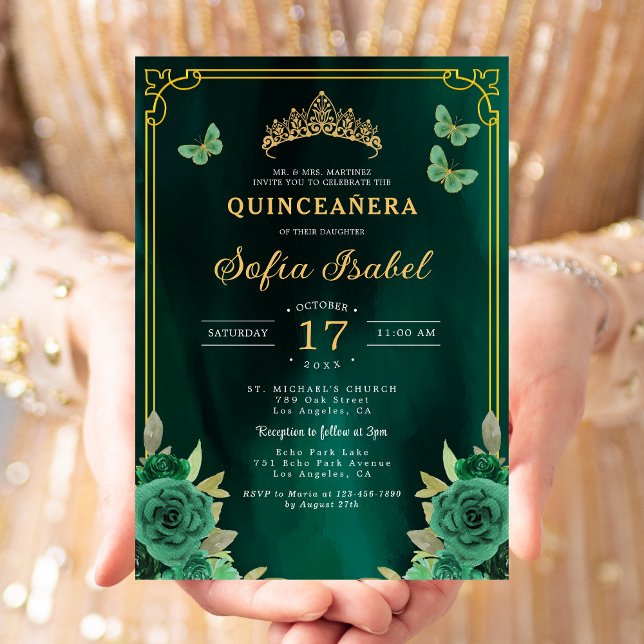 Floral Emerald Green Gold Butterfly Quinceanera Invitation (Creator Uploaded)