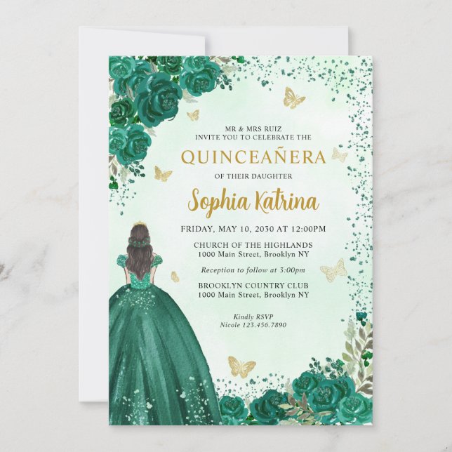 Floral Emerald Green Gold Princess Quinceanera Invitation (Front)