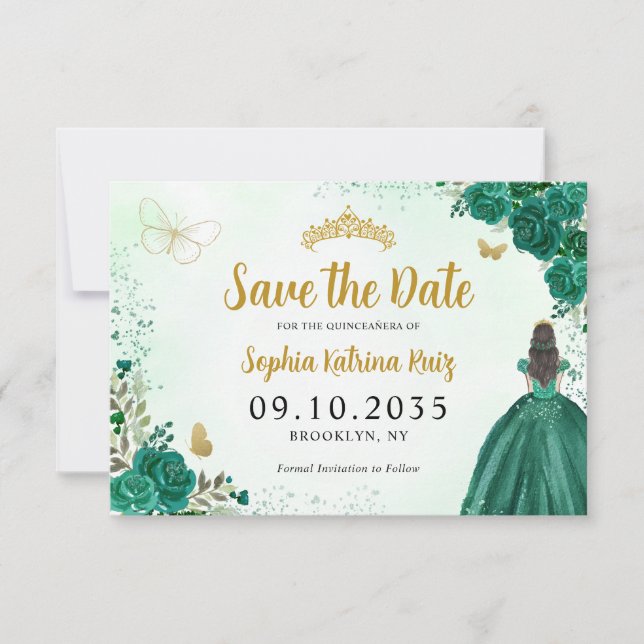 Floral Emerald Green Princess Birthday Quinceanera Save The Date (Front)