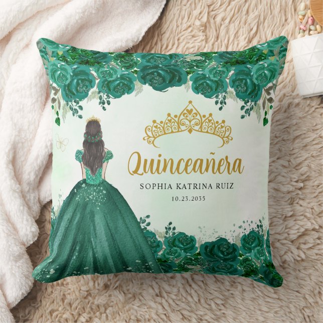 Floral Emerald Green Princess Tiara Quinceanera  Cushion (Blanket)