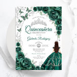 Floral Emerald Green Silver Quinceanera Invitation<br><div class="desc">Emerald green silver and white floral Quinceanera celebration invitation. Features brunette girl in ball gown dress,  script font,  silver butterflies,  watercolor roses and tiara. Perfect for an elegant princess style glam celebration. Personalize with your own details. Printed Zazzle invitations or instant download digital printable template.</div>