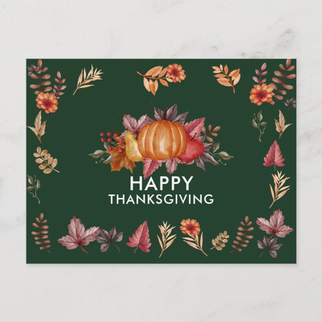 Floral Emerald Green Thanksgiving Dinner Holiday Postcard (Front)