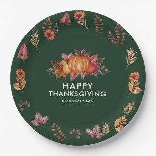 Floral Emerald Green Thanksgiving Dinner Paper Plate