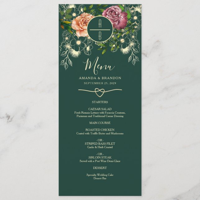 Floral Emerald Green Wedding Menu (Front)