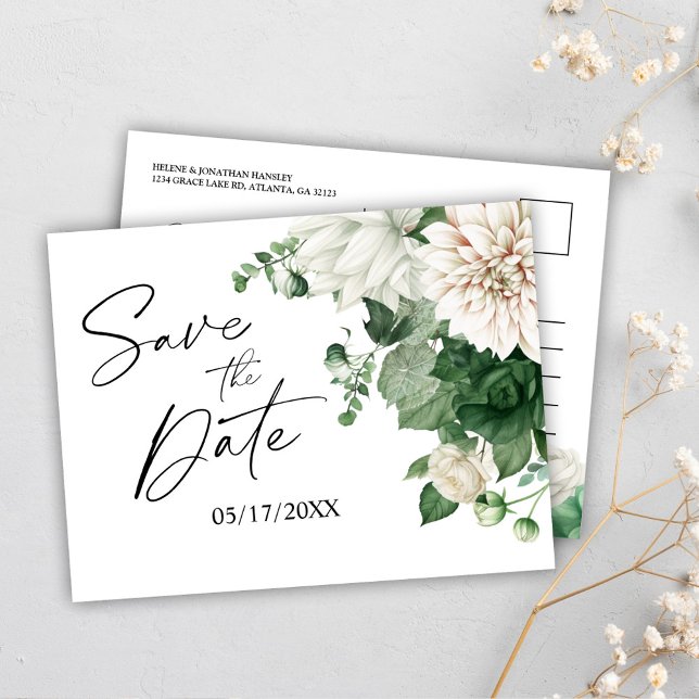 Floral Emerald Green Wedding Save The Date Announcement Postcard (Floral Emerald Green Wedding Save The Date Announcement Postcard)