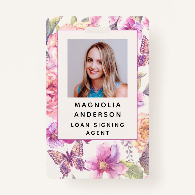 Floral Employee Photo Logo Barcode Name Badge ID Badge (Front)