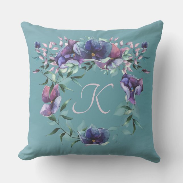 Floral Enchantment Monogram on Teal Ombre Throw Pi Cushion (Front)