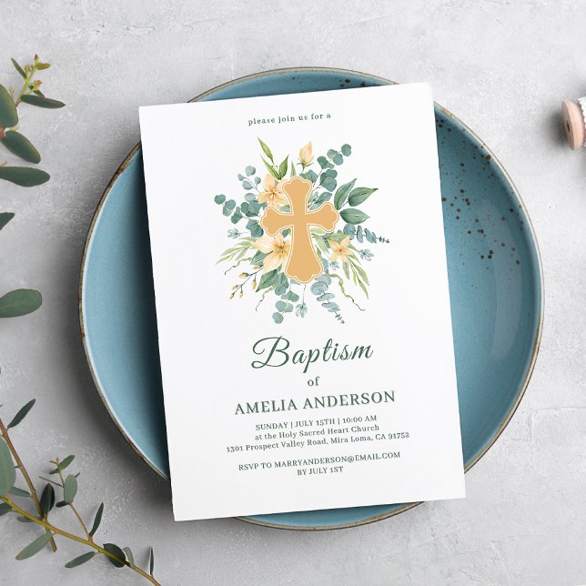 Floral Eucaliptus Gold Cross Baptism Elegant  Invitation (Creator Uploaded)