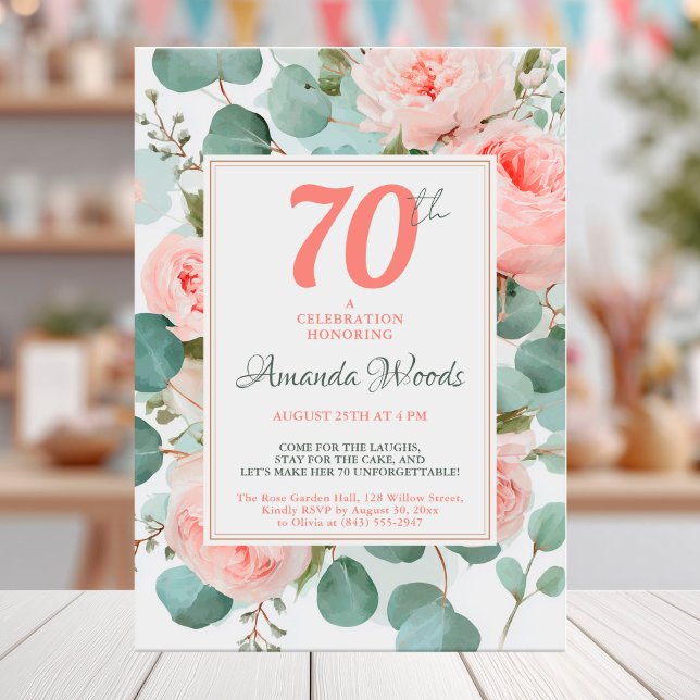 Floral eucalyptus and blush peonies 70th birthday invitation (Creator Uploaded)