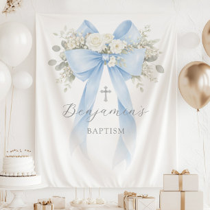  Floral Eucalyptus Blue Bow Baby Boy Baptism Tapestry