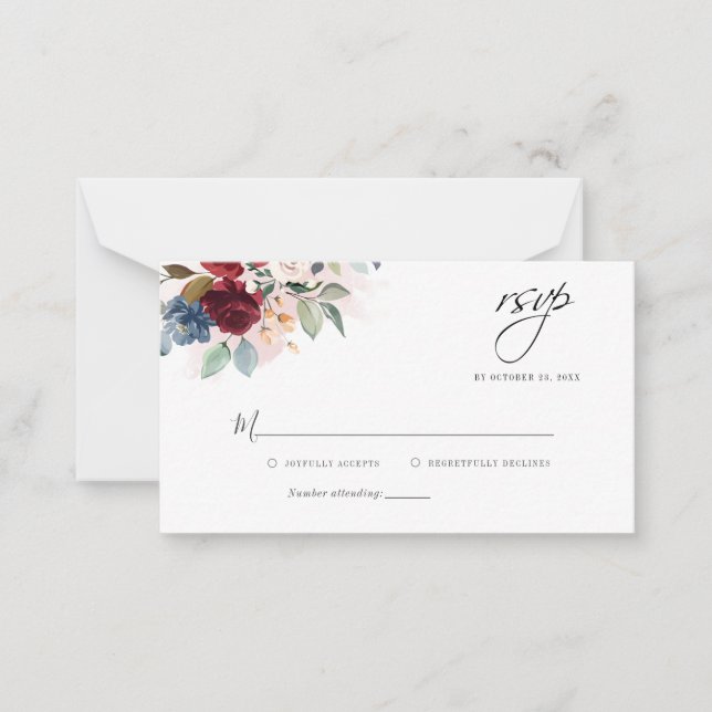 Floral Eucalyptus Burgundy Wedding RSVP Card (Front)