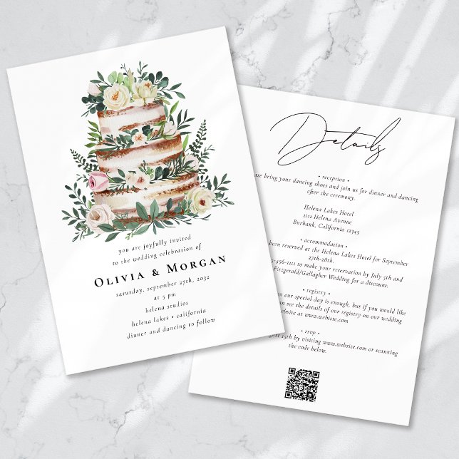 Floral Eucalyptus Cake QR Code Wedding Invitation (Creator Uploaded)