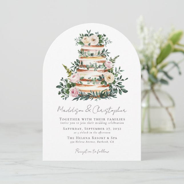 Floral Eucalyptus Cake Wedding Invitation (Standing Front)