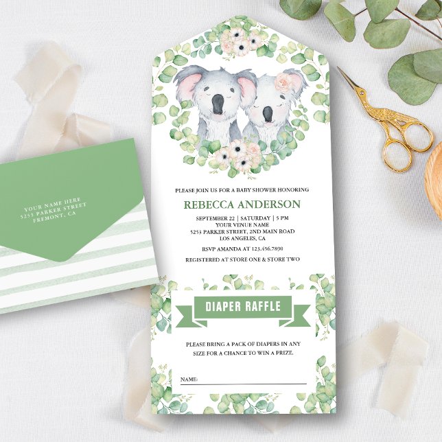 Floral Eucalyptus Cute Koala Twins Baby Shower All In One Invitation (Creator Uploaded)