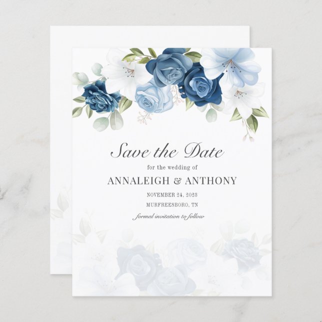 Floral Eucalyptus Dusty Blue Save The Date (Front/Back)