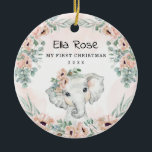 Floral Eucalyptus Elephant Baby First Christmas Ceramic Tree Decoration<br><div class="desc">Adorable ceramic ornament featuring a sweet baby elephant,  elegant watercolor greenery and dusty blush flowers. Matching items available in our store!</div>