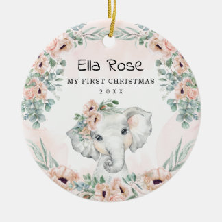 Floral Eucalyptus Elephant Baby First Christmas Ceramic Tree Decoration