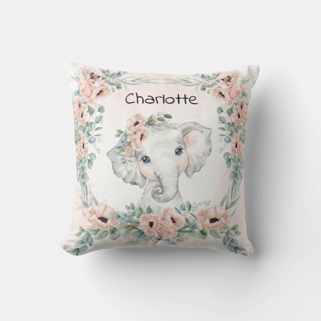 Floral Eucalyptus Elephant Baby Girl Nursery Cushion (Front)