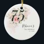 Floral Eucalyptus Foliage Pink 75th Birthday Ceramic Tree Decoration<br><div class="desc">Cute and modern, yet elegant 75th birthday ornament. Featuring a trendy layout and watercolor floral and greenery eucalyptus and pink blush. Perfect for any age birthday party invitation. The template that can be easily edited and the text replaced with your own details by clicking the "Personalise" button. For further customisation,...</div>