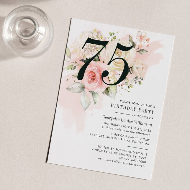 Floral Eucalyptus Foliage Pink 75th Birthday Party Invitation (Pink Floral and Greenery Foliage 75th Birthday Party Invitation)