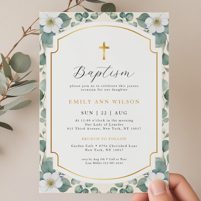 Floral Eucalyptus Gold Cross Baptism Invitation  (Baptism Invitation)