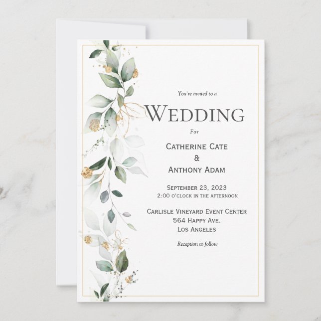 Floral Eucalyptus Greenery Gold Wedding Invitation (Front)