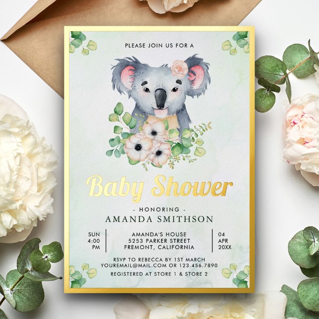 Floral Eucalyptus Koala Girl Baby Shower Gold (Creator Uploaded)