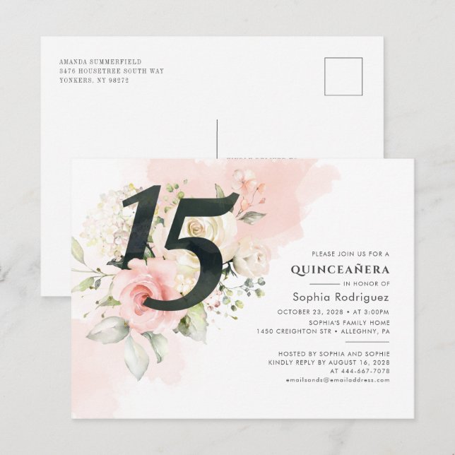 Floral Eucalyptus Leaves Quinceanera 15th Birthday Invitation Postcard (Front/Back)